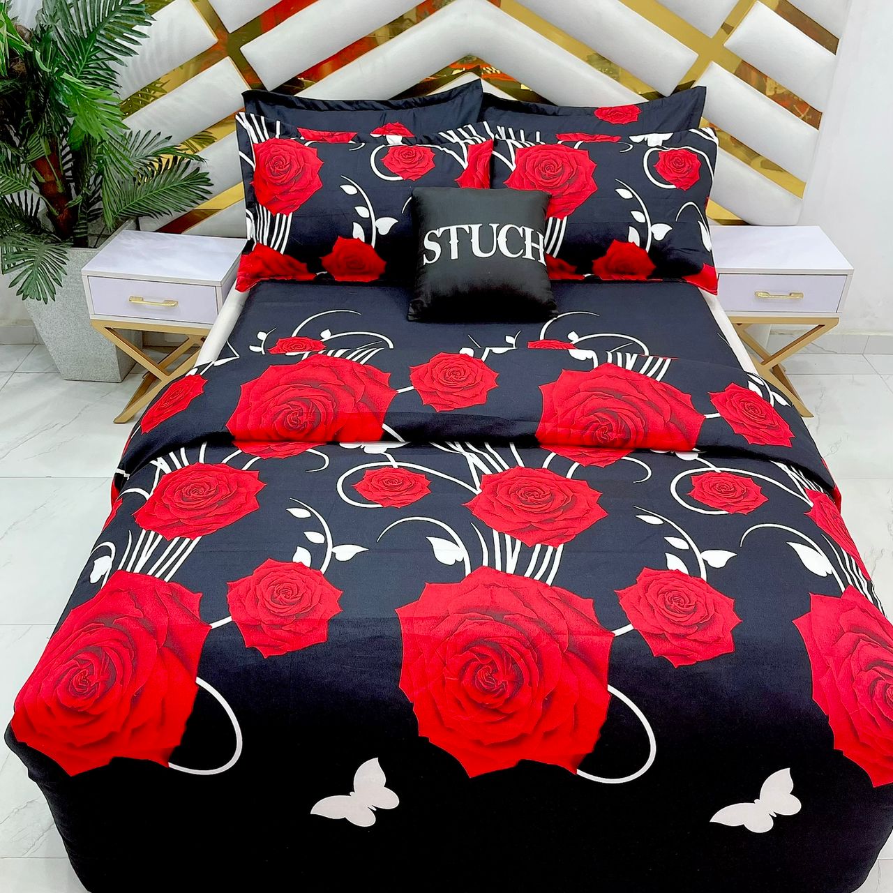 SLL3 WHITE BUTTERFLY 7/7 BEDSHEET WITH FOUR PILLOW CASES AND  DUVET COVER (NO FIBER INSIDE)