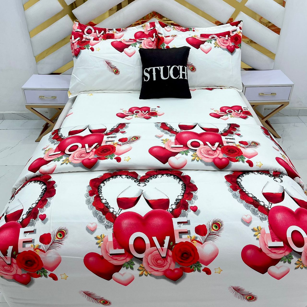 SFL6 LOVE WINE GLASSES 7/7 BEDSHEET  WITH FOUR PILLOW CASES AND DUVET COVER (NO FIBER INSIDE)