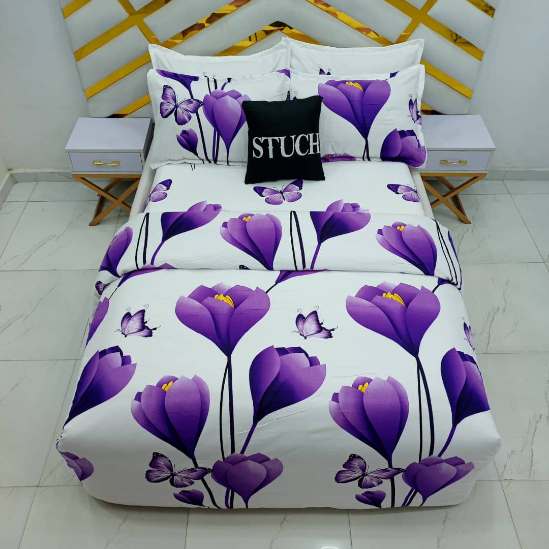 SEL5  PURPLE LILLY 7/7 BEDSHEET WITH FOUR PILLOW CASES AND DUVET COVER