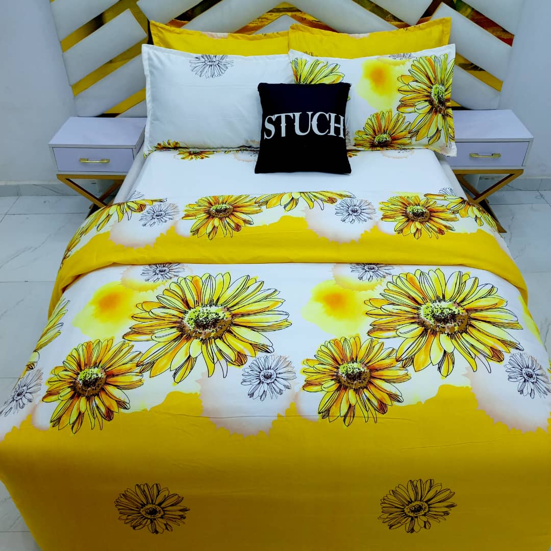 SLL3 YELLOW SUNFLOWER 7/7 BEDSHEET  WITH FOUR PILLOW CASES AND DUVET COVER (NO FIBER INSIDE)