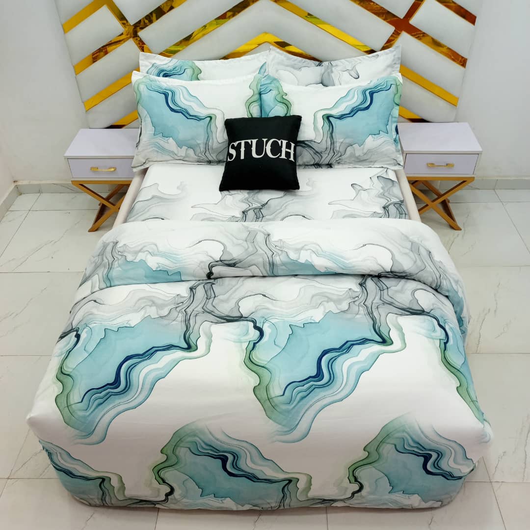 TEAL MARBLE 7/7 BEDSHEET WITH FOUR PILLOW CASES AND DUVET COVER