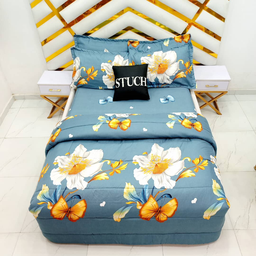 TEAL COSMO FLOWER 7/7 BEDSHEET WITH FOUR PILLOW CASES AND DUVET COVER (NO FIBER INSIDE)
