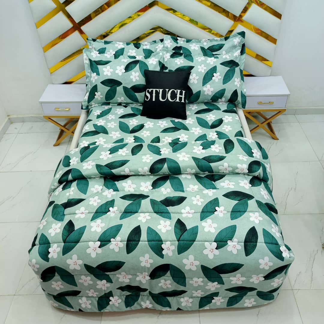 TEAL GREEN FERN 7/7 BEDSHEET WITH FOUR PILLOW CASES AND DUVET COVER (NO FIBER INSIDE)