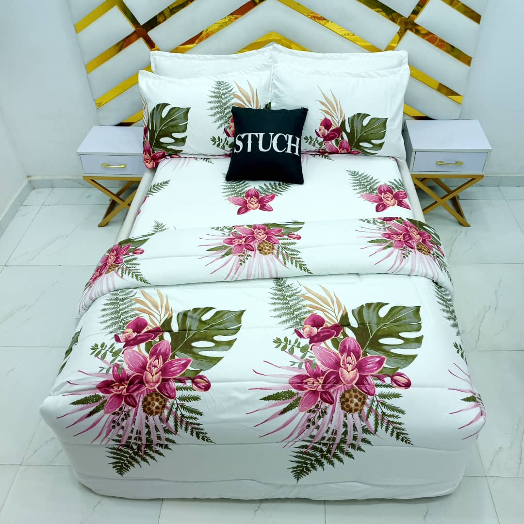 WHITE WATER LILLY 7/7 BEDSHEET WITH FOUR PILLOW CASES AND DUVET COVER (NO FIBER INSIDE)