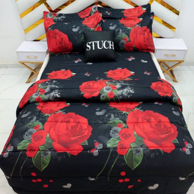 Img 20240420 Wa0014 - Black Camelia Flower 7/7 Bedsheet With Four Pillow Cases And Duvet Cover (No Fiber Inside)