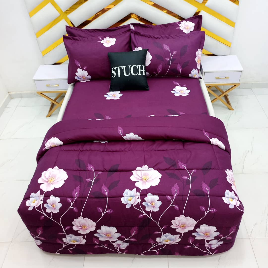 PURPLE HIBISCUS 7/7 BEDSHEET WITH FOUR PILLOW CASES AND DUVET COVER (NO FIBER INSIDE)