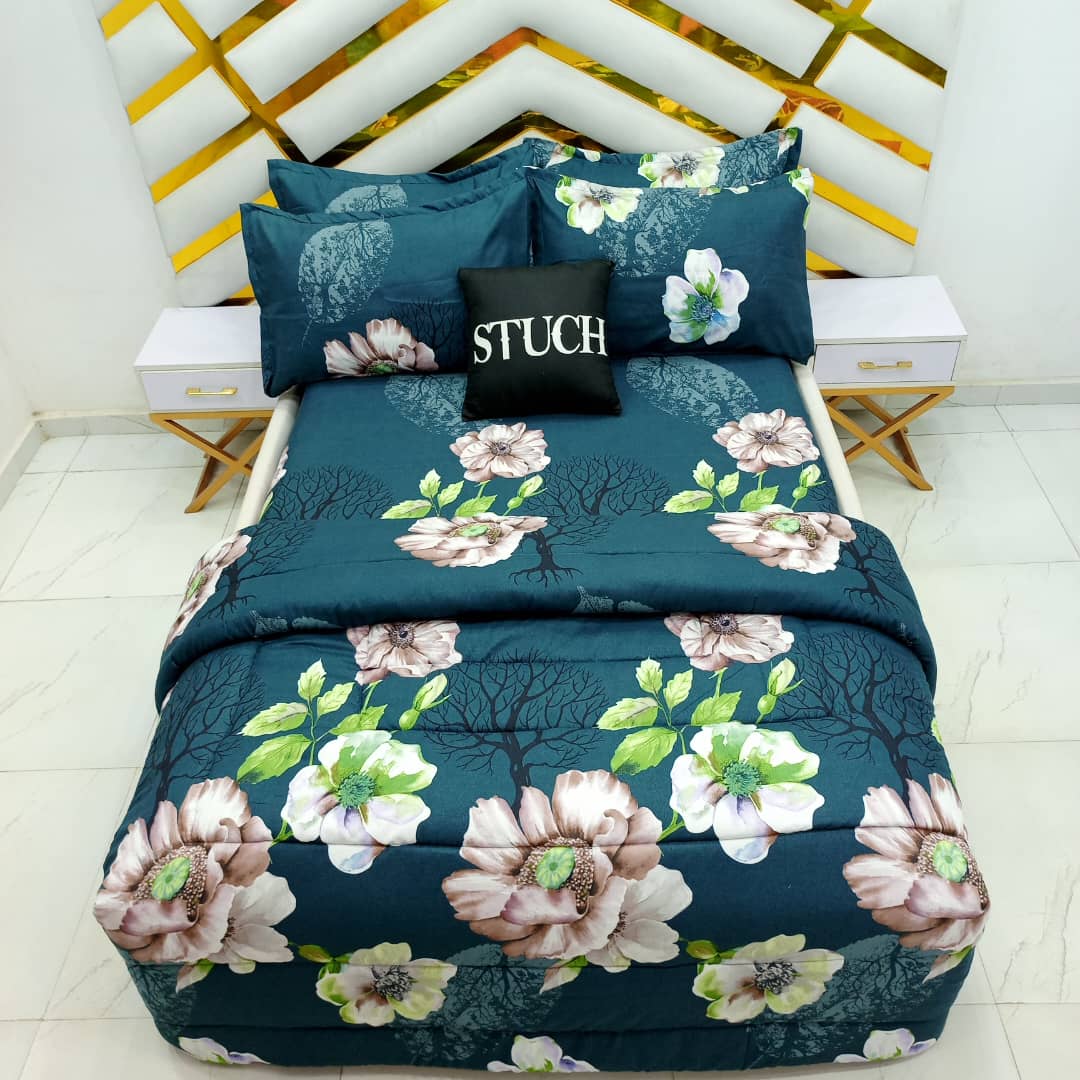 SAL1 GREEN PANCY 7/7 BEDSHEET WITH FOUR PILLOW CASES AND DUVET COVER (NO FIBER INSIDE)