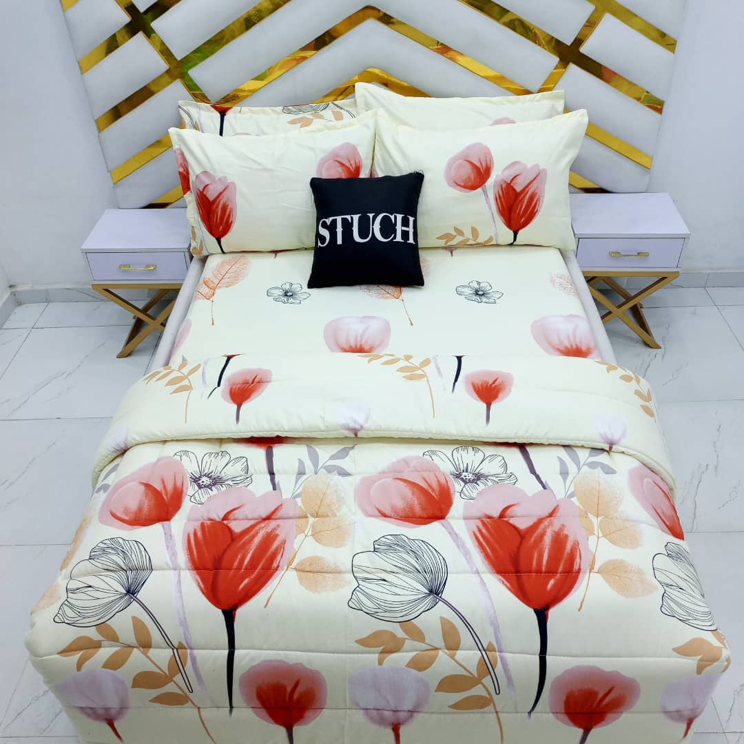CREAM TULIP 7/7 BEDSHEET WITH FOUR PILLOW CASES AND DUVET COVER (NO FIBER INSIDE)