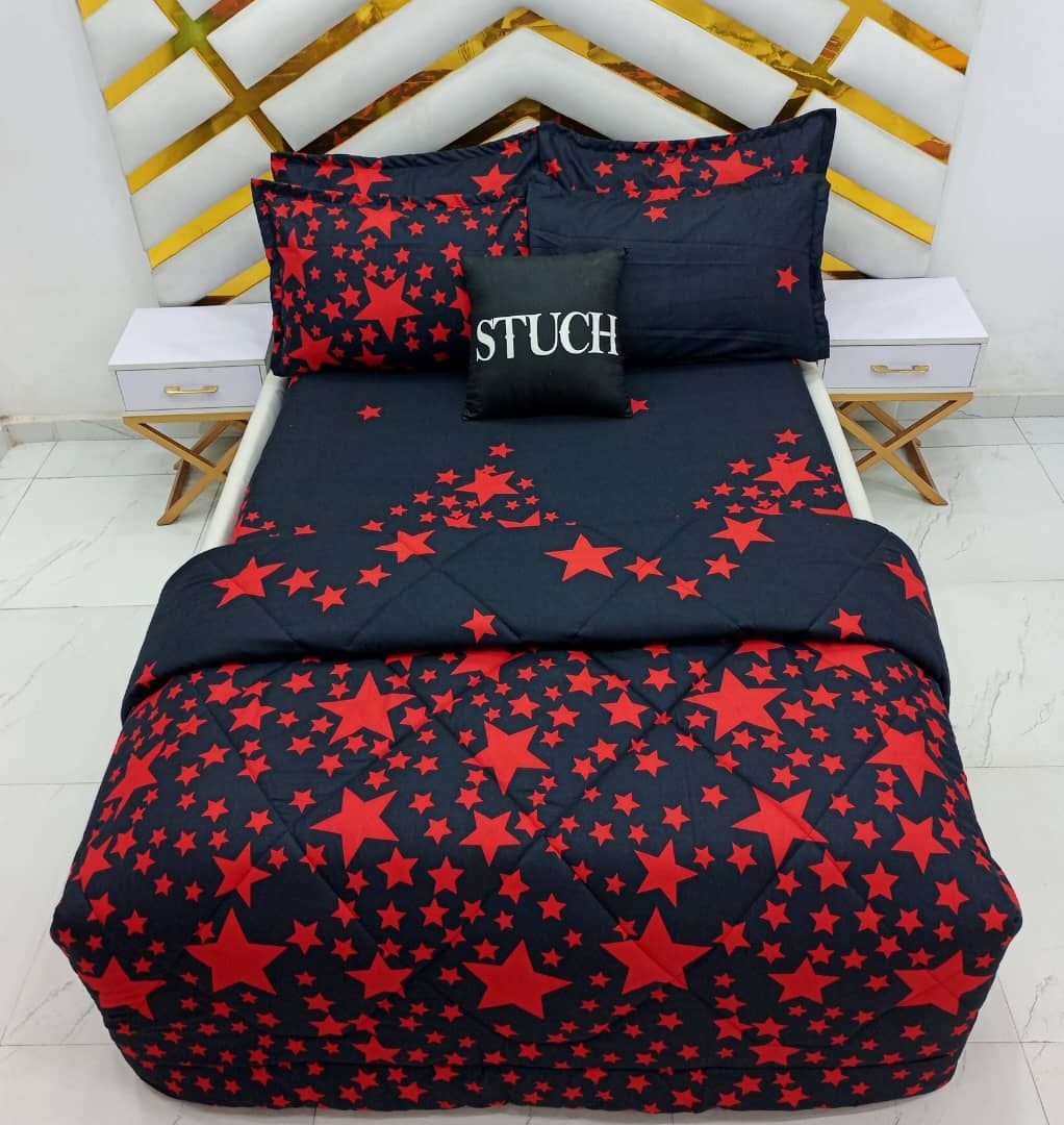 RED STAR 7/7 BEDSHEET WITH FOUR PILLOW CASES AND DUVET COVER (NO FIBER INSIDE)