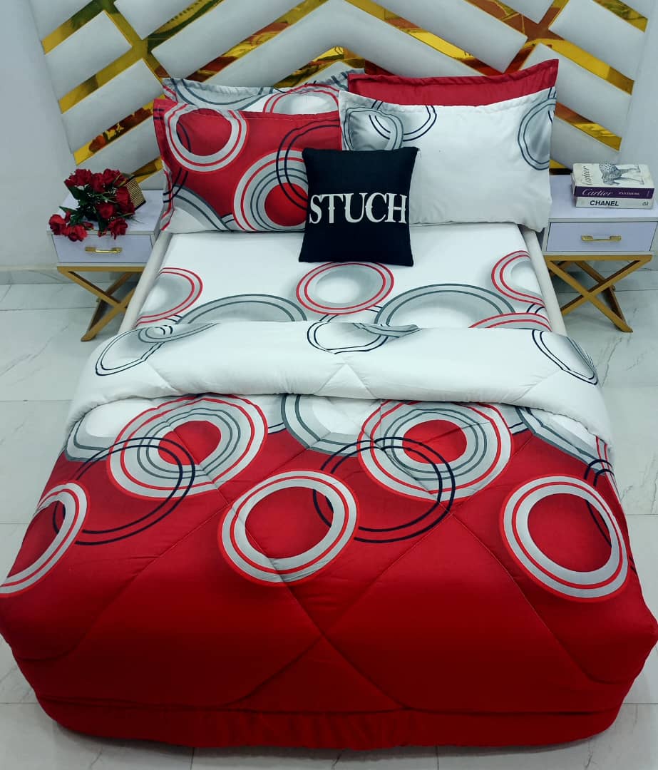 RED WHITE CIRCLE   7/7 BEDSHEET WITH FOUR PILLOW CASES AND DUVET COVER (NO FIBER INSIDE)