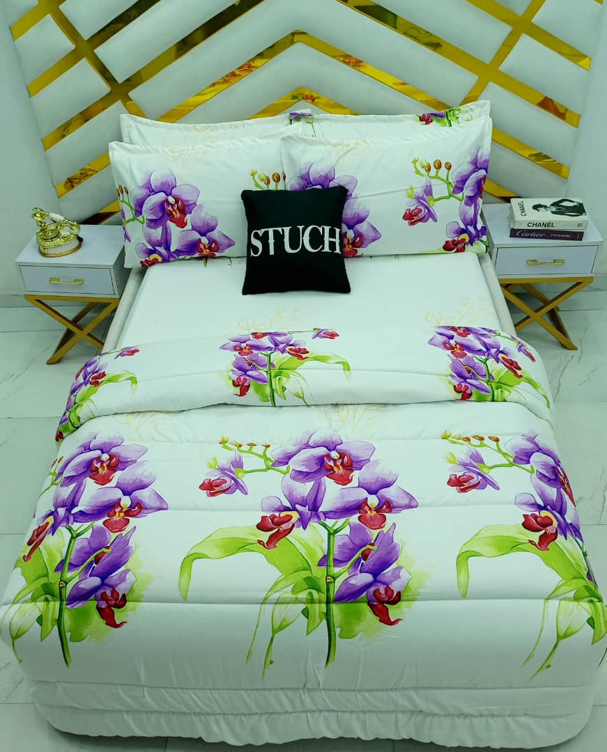 WHITE FOXTAIL ORCHID  7/7 BEDSHEET WITH FOUR PILLOW CASES AND DUVET COVER (NO FIBER INSIDE)