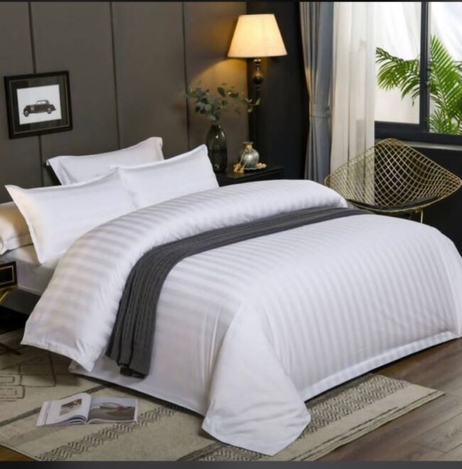 Img 20240822 Wa0039 - Premium Plain Stripes White 7 By 7 Detachable Duvet Set - Bedsheet With Four Pillow Cases, Duvet And Duvet Cover - Preorder (3-4 Days)