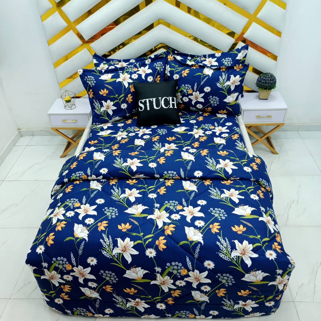 BLUE MARIGOLD 7/7 BEDSHEET WITH FOUR PILLOW CASES AND DUVET COVER (NO FIBER INSIDE)