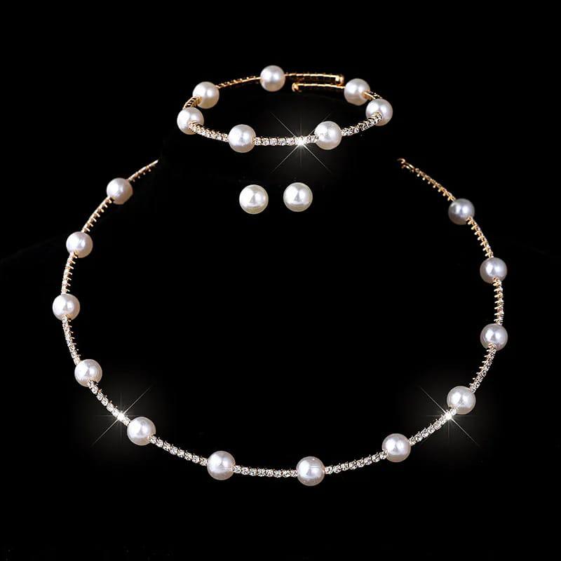 Gold single pearl choker necklace set (necklace, bracelet, earrings)