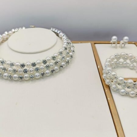 Silver pearl choker necklace set (necklace, bracelet, earrings)