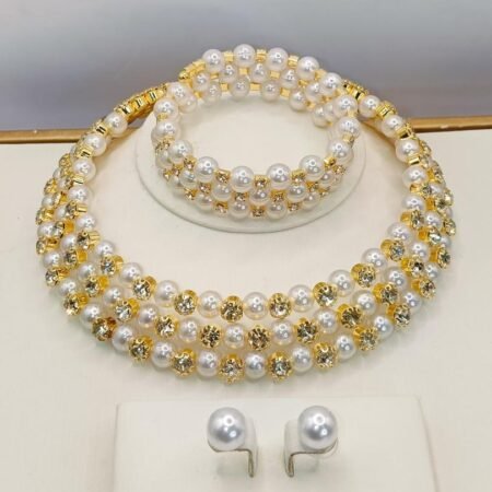 Gold pearl choker necklace set (necklace, bracelet, earrings)