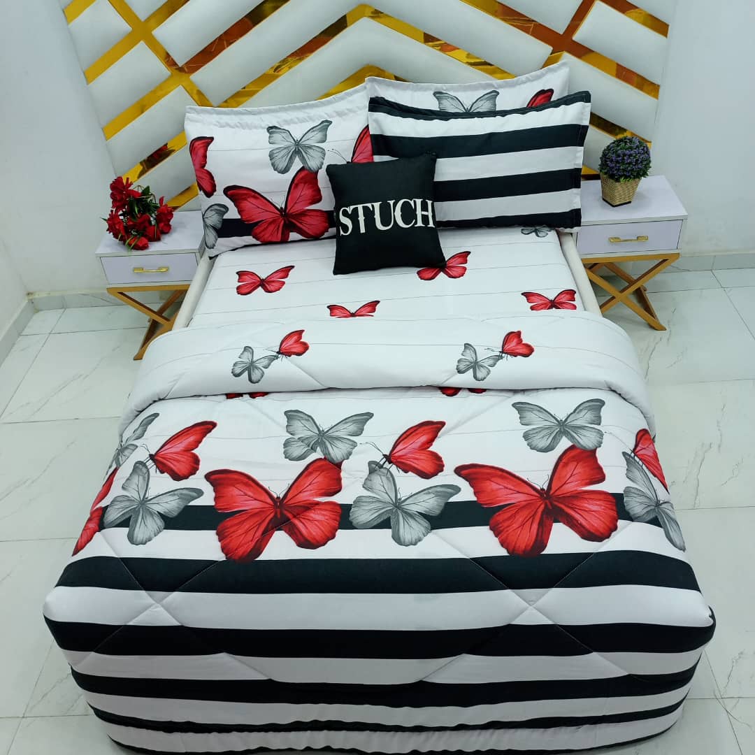 RED BUTTERFLY 7/7 BEDSHEET WITH FOUR PILLOW CASES AND DUVET COVER (NO FIBER INSIDE)