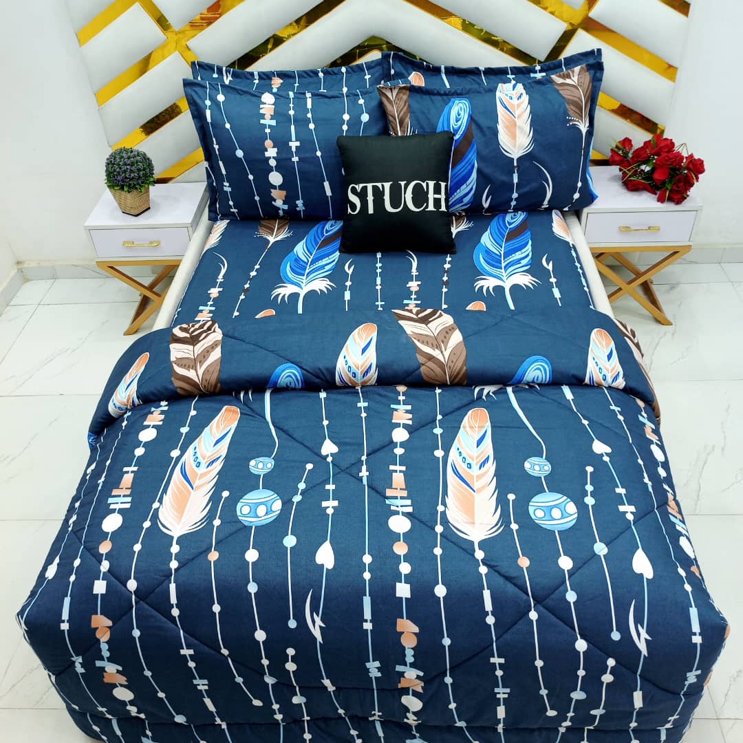 NAVY BLUE FEATHER 7/7 BEDSHEET WITH FOUR PILLOW CASES AND DUVET COVER (NO FIBER INSIDE)