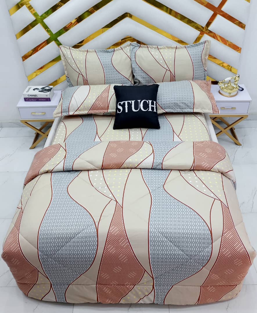 PEACH CYLINDER 7/7 BEDSHEET WITH FOUR PILLOW CASES AND DUVET COVER (NO FIBER INSIDE)