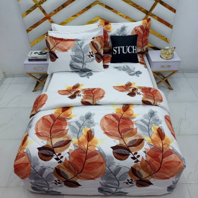 Img 20241017 Wa0000 - Peach Leaf 7/7 Bedsheet With Four Pillow Cases And Duvet Cover (No Fiber Inside)