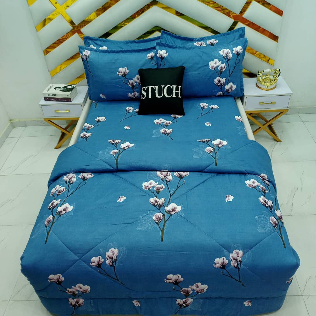 BLUE FLOWER 7/7 BEDSHEET WITH FOUR PILLOW CASES AND DUVET COVER (NO FIBER INSIDE)