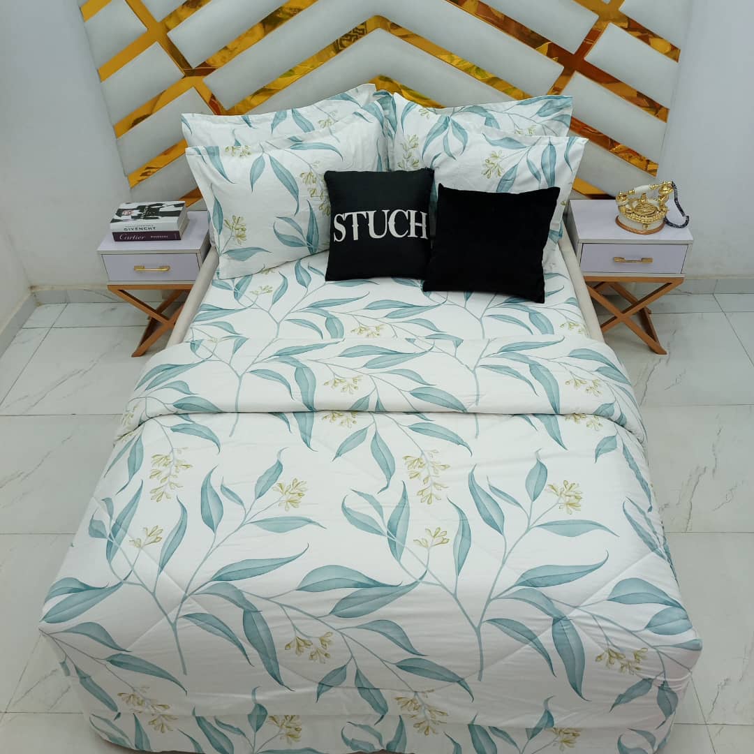 100% EGYPTIAN COTTON WHITE FERN 7/7 BEDSHEET WITH 4 PILLOW CASES AND DUVET COVER (NO FIBER INSIDE) (PREORDER 2-3DAYS)