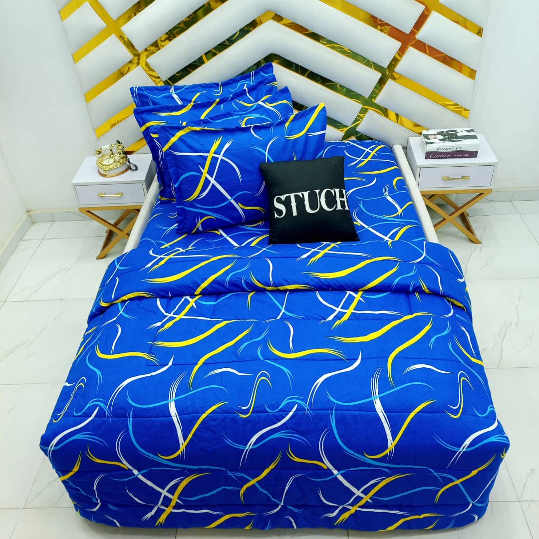 BLUE YELLOW STREAK BEDSHEET WITH FOUR PILLOW CASES AND DUVET COVER (NO FIBER INSIDE)