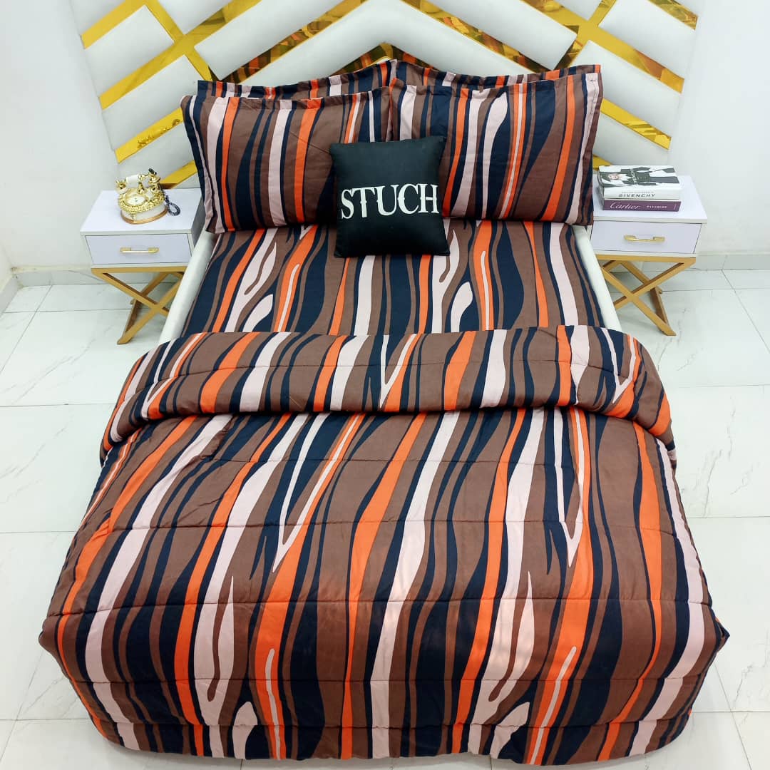 ORANGE LINES BEDSHEET WITH FOUR PILLOW CASES AND DUVET COVER (NO FIBER INSIDE)