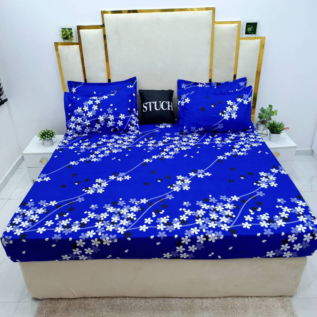 BLUE SNOW FLOWER 7/7 BEDSHEET WITH FOUR PILLOW CASES AND DUVET COVER (NO FIBER INSIDE)