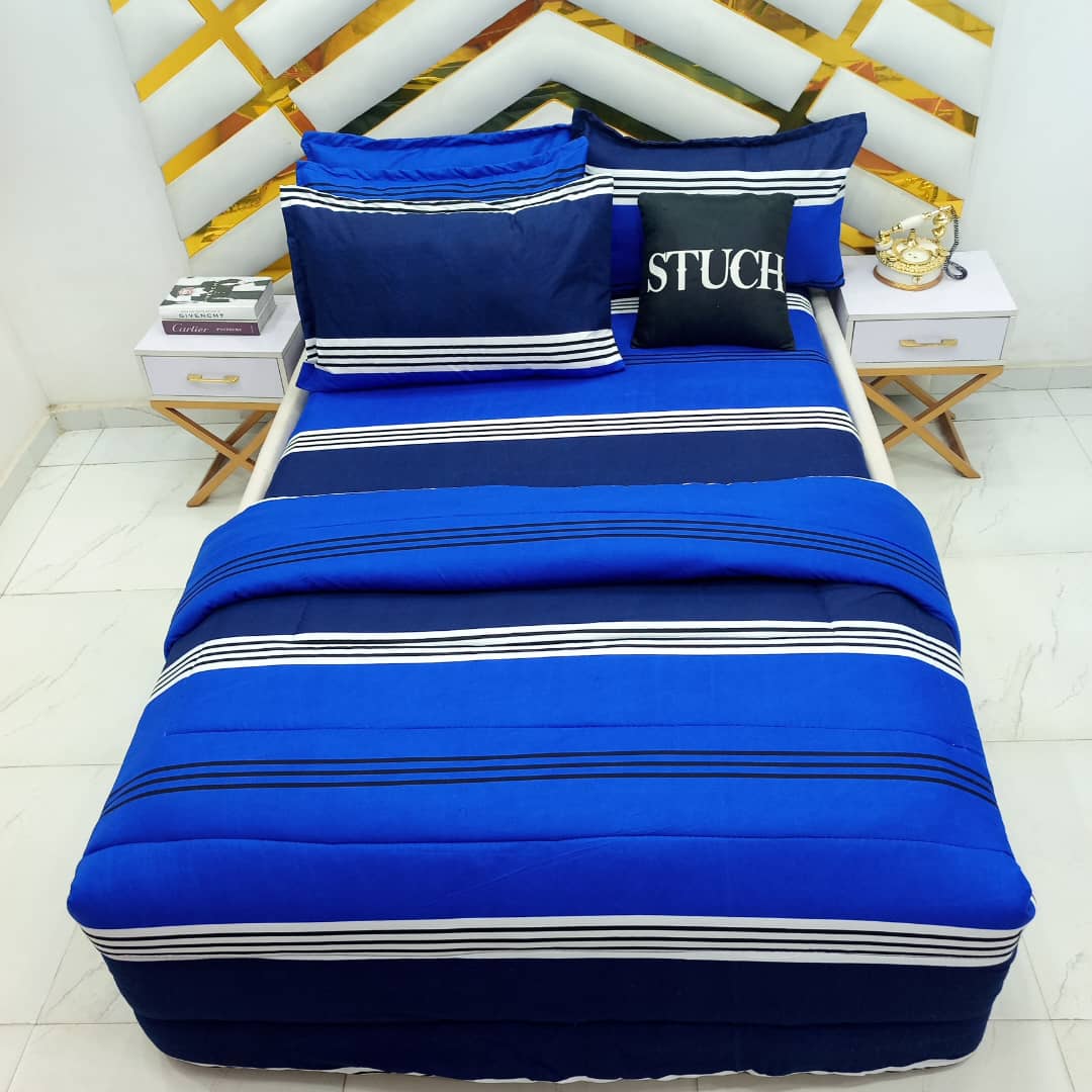 WHITE AND BLUE STRIPES 7/7 BEDSHEET WITH FOUR PILLOW CASES AND DUVET COVER (NO FIBER INSIDE)