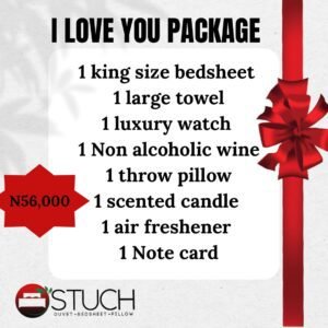 I LOVE YOU PACKAGE (1 BEDSHEET,1 NON ALCOHOLIC WINE,1 LARGE TOWEL,1 LUXURY WATCH,1 THROW PILLOW,1 SCENTED CANDLE ,1 AIR FRESHENER,1 NOTE CARD)