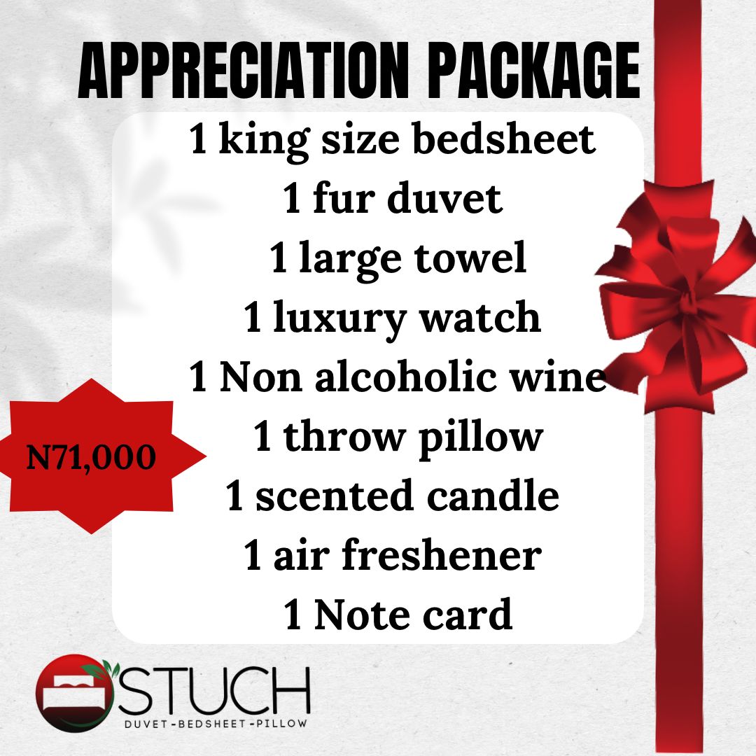 APPRECIATION PACKAGE (1KING SIZE BEDSHEET,1 FUR DUVET,1 NON ALCOHOLIC WINE,1 LARGE TOWEL,1 LUXURY WATCH,1 THROW PILLOW,1 SCENTED CANDLE ,1 AIR FRESHENER,1 NOTE CARD)