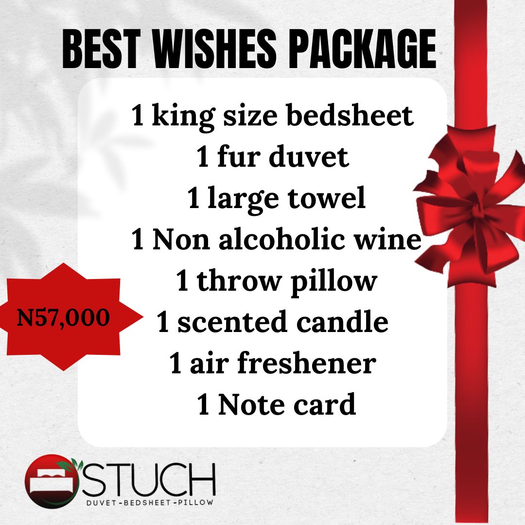 BEST WISHES PACKAGE (1 KING SIZE BEDSHEET,1NON ALCOHOLIC WINE ,1 LARGE TOWEL,1 THROW PILLOW,1 SCENTED CANDLE ,1 AIR FRESHENER,1 NOTE CARD)