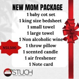 NEW MOM PACKAGE (1 KING SIZE BEDSHEET,1 BABY COT,1 LARGE TOWEL,1 SMALL TOWEL ,1 SCENTED CANDLE ,1 AIR FRESHENER,1 NON ALCOHOLIC WINE,1 NOTE CARD,1 THROW PILLOW )