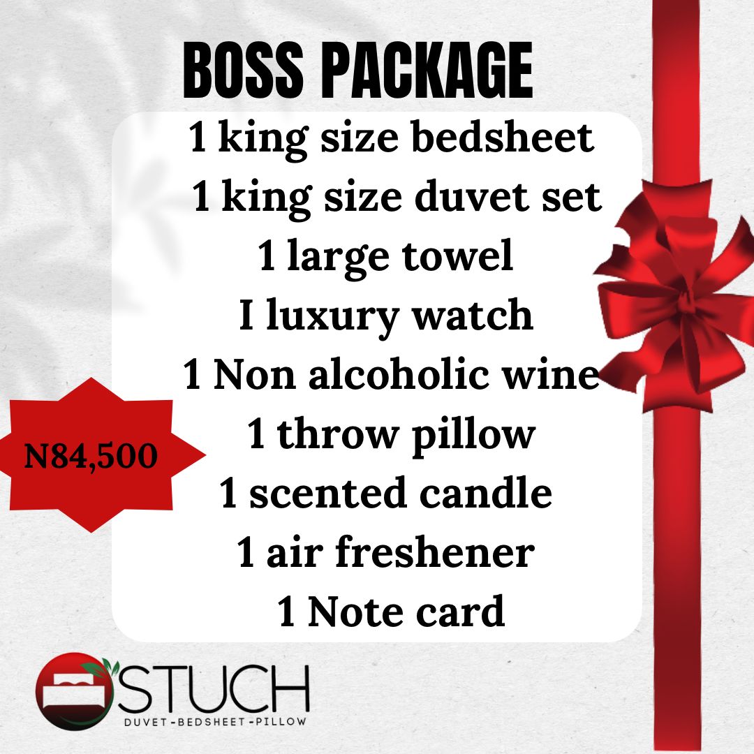 BOSS PACKAGE (1KING SIZE BEDSHEET,1 KING SIZE DUVET,1 LARGE TOWEL,1 LUXURY WATCH,1 THROW PILLOW,1 SCENTED CANDLE ,1 AIR FRESHENER,1 NOTE CARD)