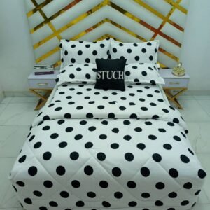 WHITE POLKA  4/6 BEDSHEET WITH TWO PILLOWCASES