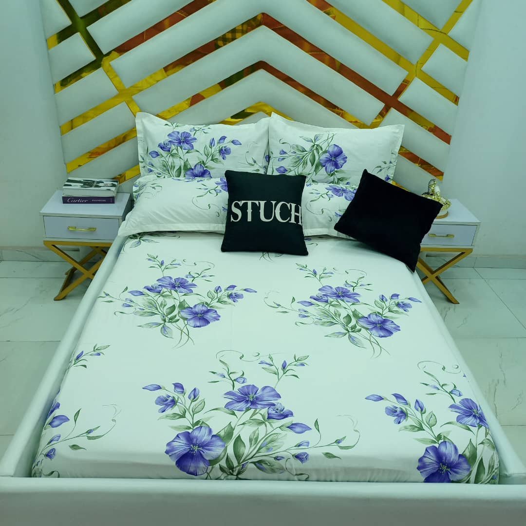 100% EGYPTIAN COTTON WHITE PURPLE LILY 7/7 BEDSHEET