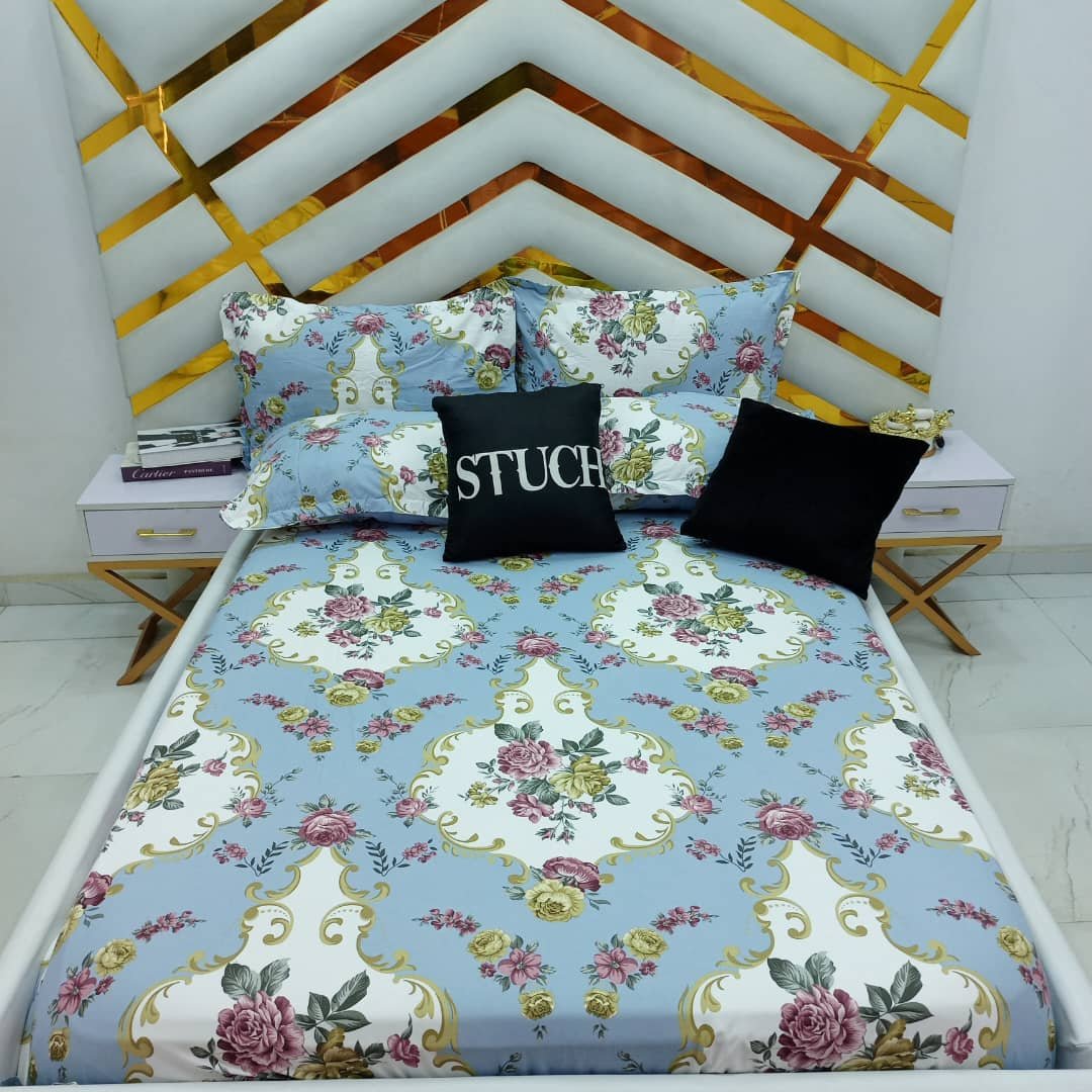 100% EGYPTIAN COTTON BLUE FLOWER FRAME 7/7 BEDSHEET