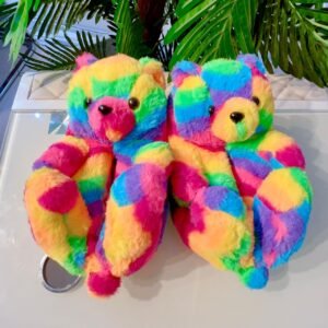RAINBOW TEDDY UNISEX FLUFFY SLIPPERS (FREE SIZE FITS UPTO SIZE 44)