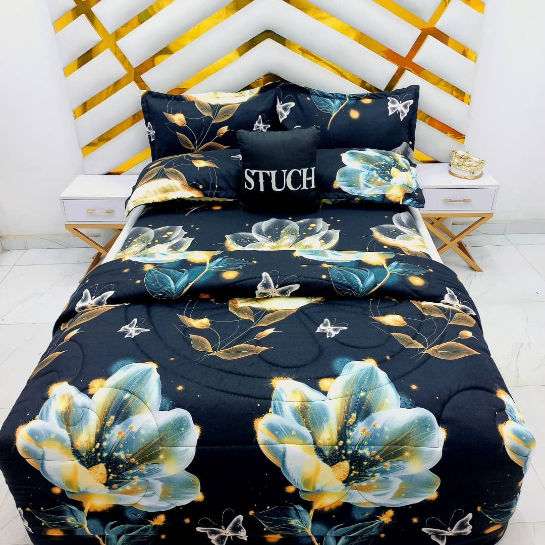 BLACK LOTUS FLOWER 7/7 BEDSHEET WITH FOUR PILLOW CASES AND DUVET COVER (NO FIBER INSIDE)-IN PRODUCTION