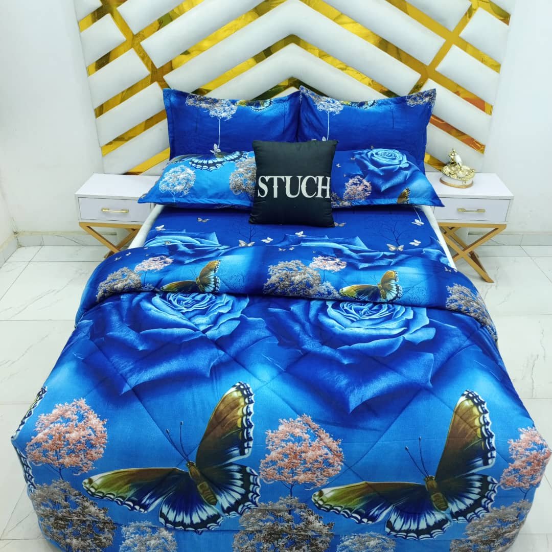 BLUE  3D ROSE  7/7 BEDSHEET WITH FOUR PILLOW(IN PRODUCTION) CASES AND DUVET COVER (NO FIBER INSIDE)