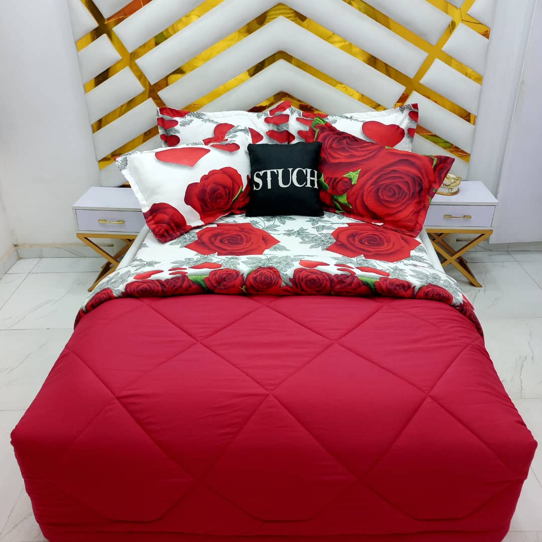 COMBINED RED WITH RED 3D ROSE 7/7 DUVET SET