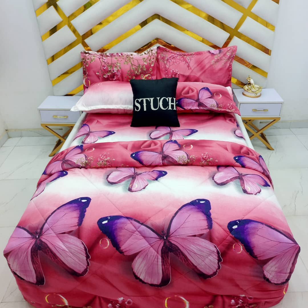 PINK BUTTERFLY 7/7 BEDSHEET WITH FOUR PILLOW CASES AND DUVET COVER (NO FIBER INSIDE)-IN PRODUCTION