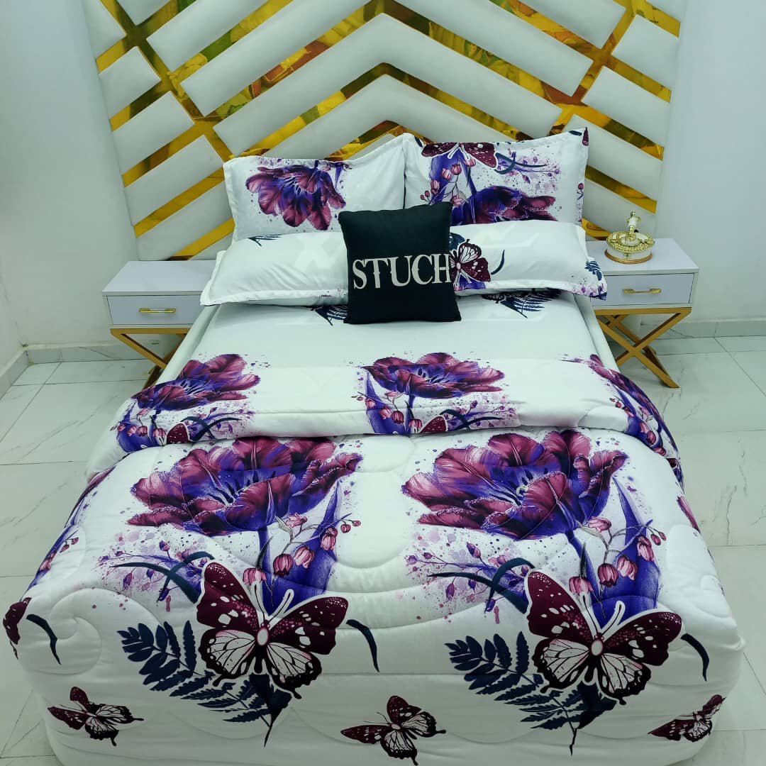 WHITE ASTER7/7 BEDSHEET WITH FOUR PILLOW CASES AND DUVET COVER (NO FIBER INSIDE)-IN PRODUCTION
