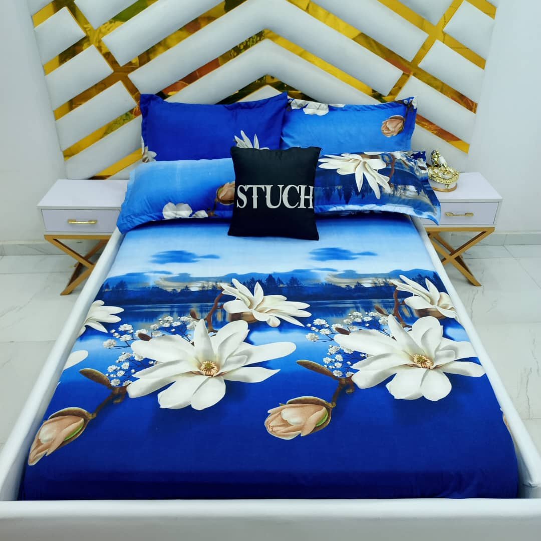 BLUE LOTUS FLOWER 7/7 BEDSHEET WITH FOUR PILLOW CASES AND DUVET COVER (NO FIBER INSIDE)-IN PRODUCTION