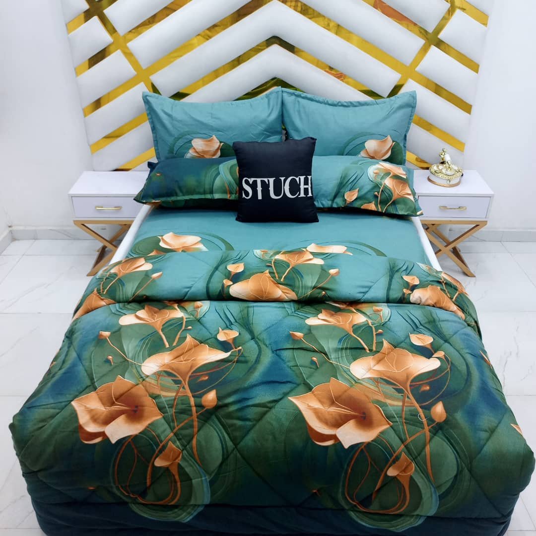 GREEN TULIP 7/7 BEDSHEET WITH FOUR PILLOW CASES AND DUVET COVER (NO FIBER INSIDE)