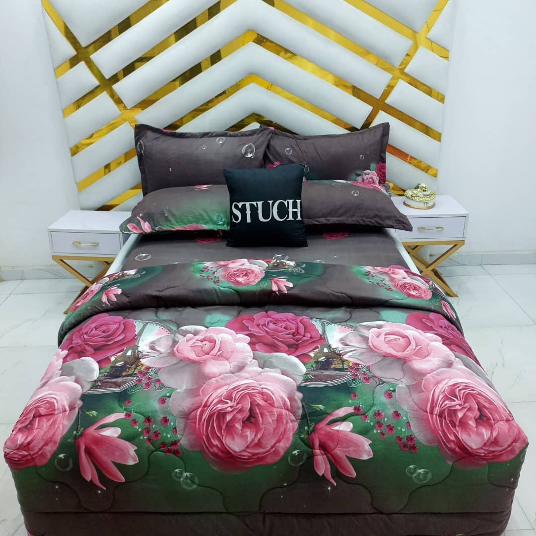 ROSE TOWER 7/7 BEDSHEET WITH FOUR PILLOWCASES AND DUVET COVER( NO FIBER INSIDE)