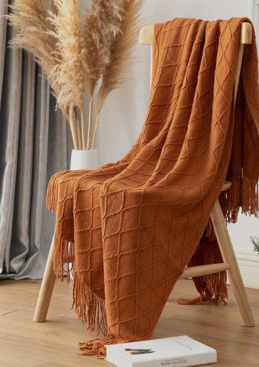 BURNT ORANGE WOVEN THROW BLANKET FOR COUCH (SIZE 130*230CM)