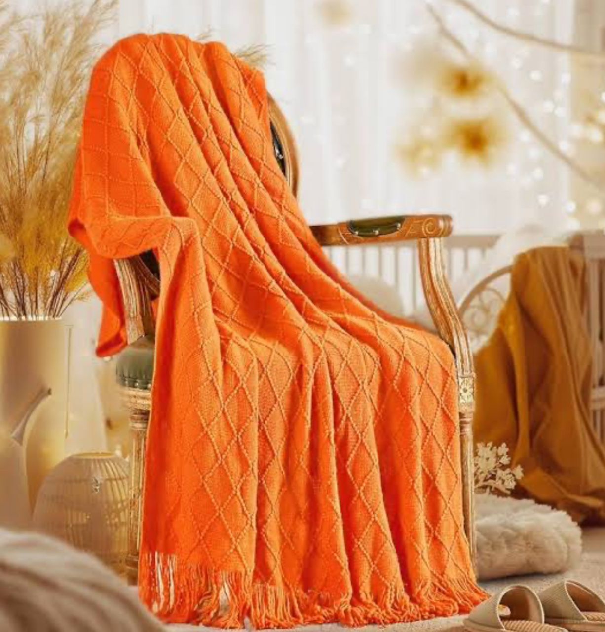 DEEP ORANGE WOVEN THROW BLANKET FOR COUCH (SIZE 130*230CM)