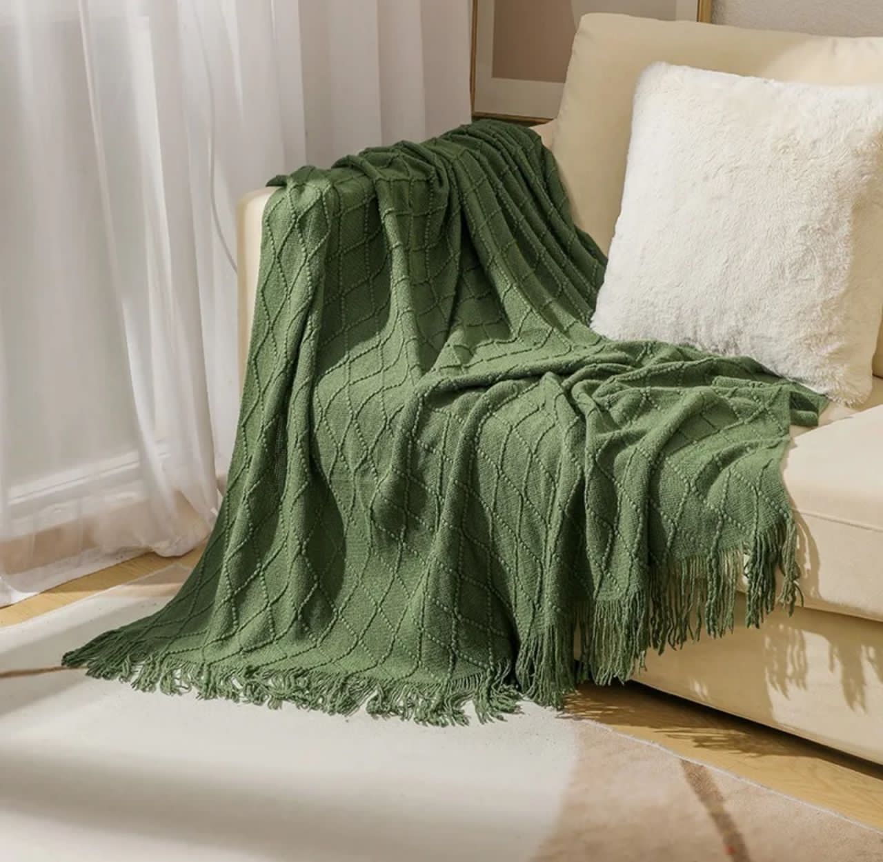 ARMY GREEN WOVEN THROW BLANKET FOR COUCH (SIZE 130*230CM)